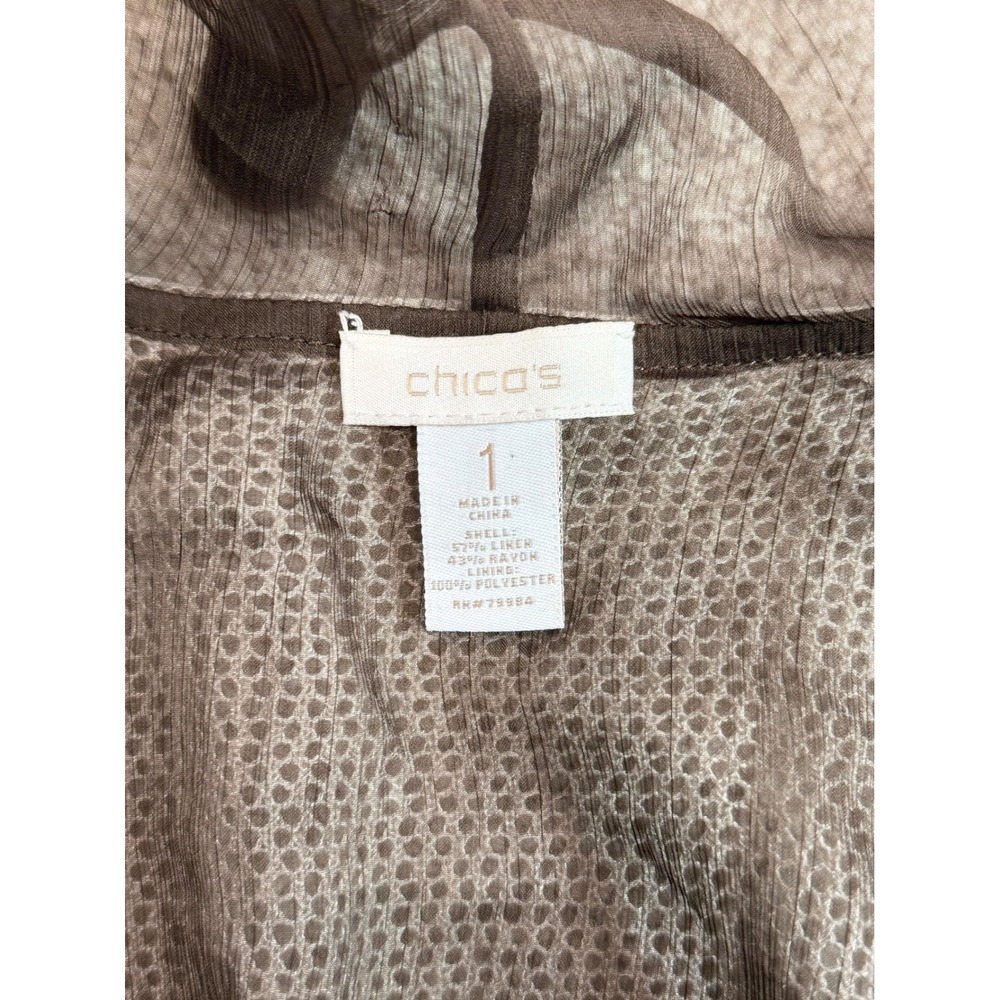 Chico's Open Front Mesh Cardigan Brown Ruffle Trim Linen Blend Short Sleeve 1 M - Picture 6 of 7